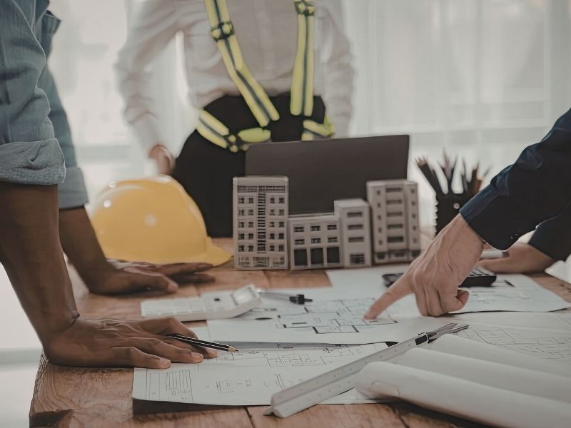Civil engineer and project team reviewing site plans and building models before finalizing the design of a development project.