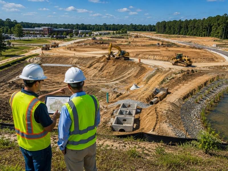 Land development site planning raleigh - Raleigh Civil Engineering Civil engineers reviewing a land development site with grading, stormwater infrastructure, and utility planning before construction.