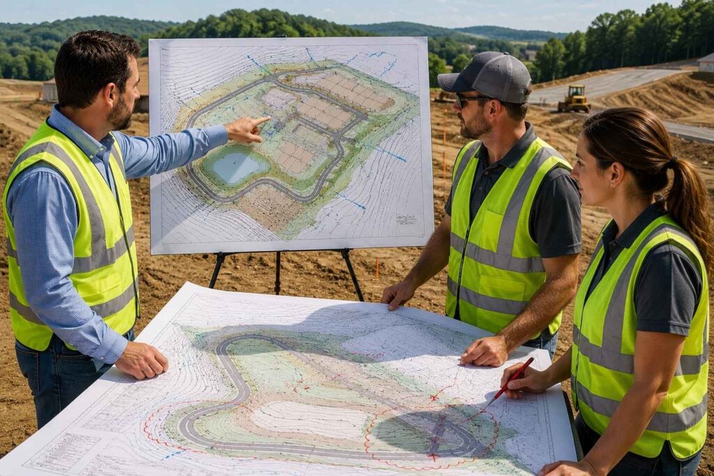 Civil engineers site plan review existing conditions - Raleigh Civil Engineering Civil engineers reviewing detailed site plans and existing maps on a construction site during land development planning and design review