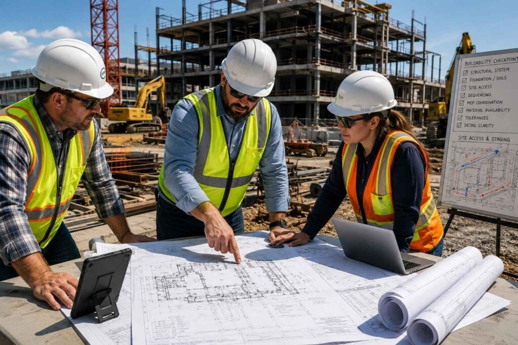 Construction team reviewing building plans and site logistics during a buildability assessment for a commercial project in Raleigh, North Carolina.