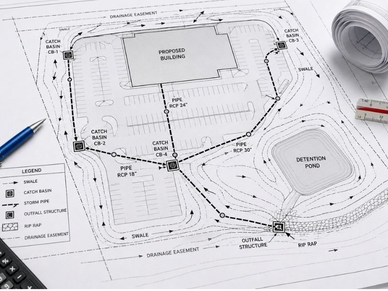 Site drainage plan showing swales, catch basins, storm pipes, drainage easements, and detention pond layout for a commercial development in Raleigh, NC.