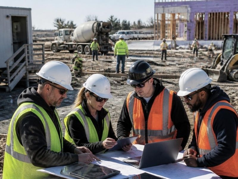 Construction manager and trade supervisors reviewing plans and project updates at an active Raleigh jobsite.