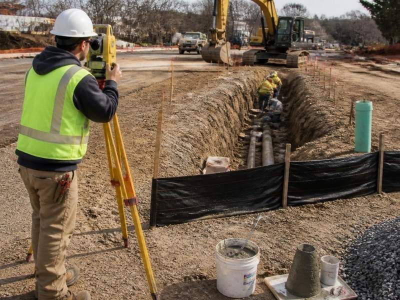 Construction engineer using surveying equipment beside an underground utility trench during site work in Raleigh, NC.