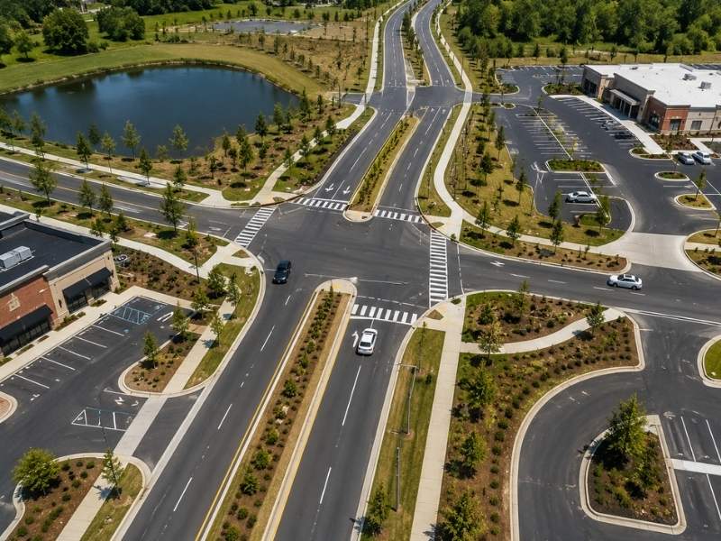 Aerial view of a roadway intersection with driveways, turn lanes, sidewalks, and landscaped medians supporting safe site access in Raleigh, NC.