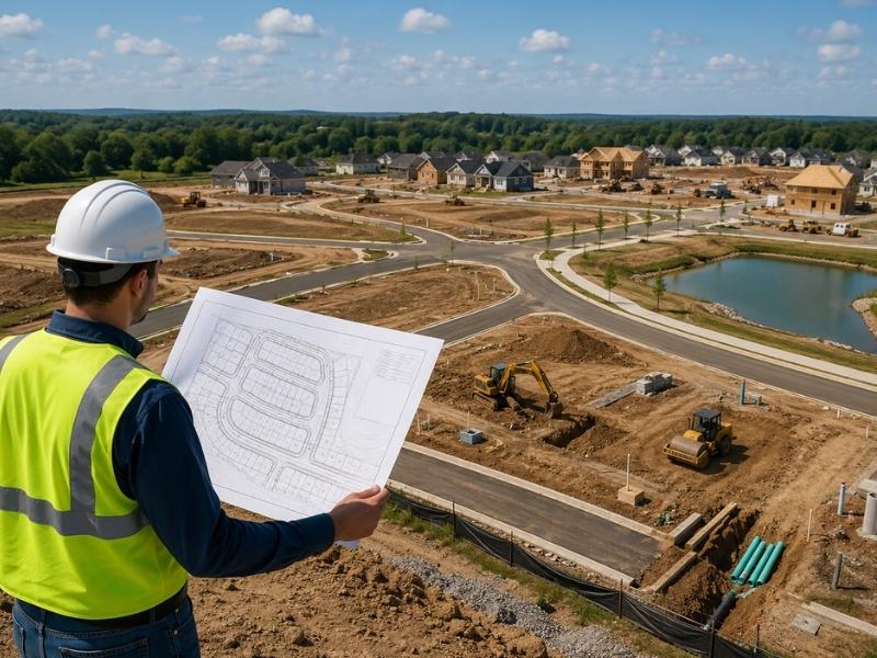 Civil engineer reviewing subdivision layout, grading, and utility planning for a new residential development in Raleigh, NC.
