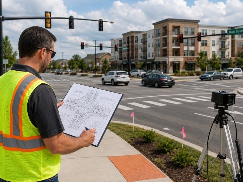 Traffic engineer reviewing roadway plans at a signalized intersection for a new development project in Raleigh, NC.