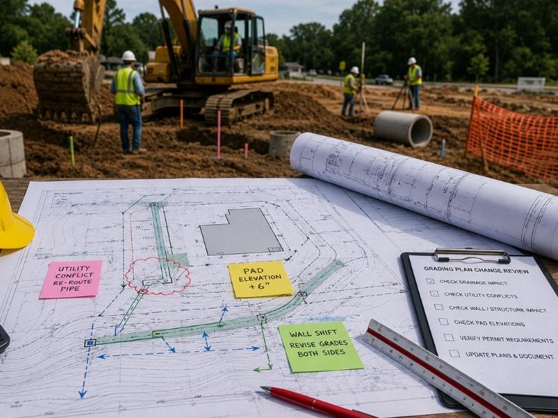 grading plan changes raleigh nc - Raleigh Civil Engineering Civil engineers reviewing grading plan revisions at an active construction site in Raleigh, NC after utility conflicts and field condition changes.