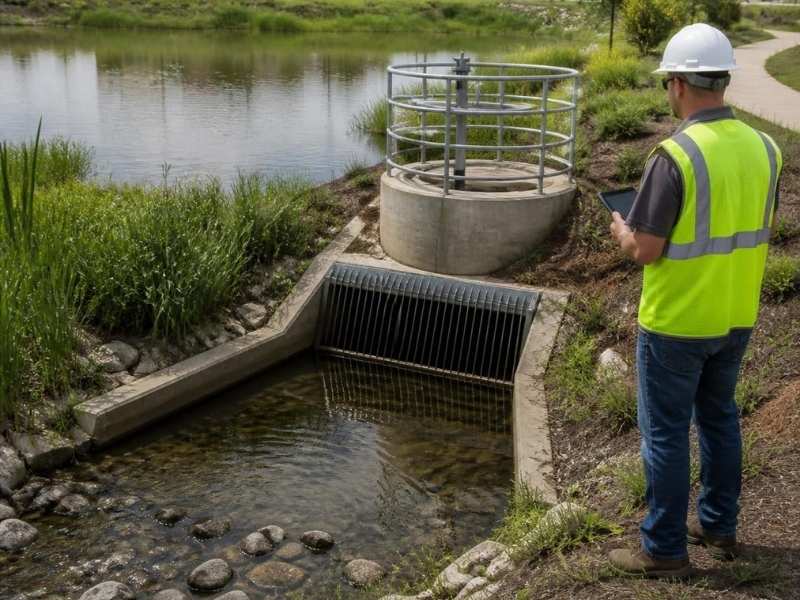 Civil engineer inspecting a detention pond outlet structure in Raleigh, North Carolina, with a riser, trash screen, drainage channel and stormwater basin visible.