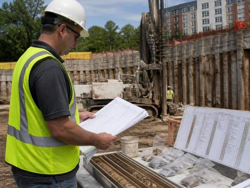 Geotechnical engineer reviewing soil boring samples and field reports at a construction site in Raleigh, North Carolina during a subsurface investigation.