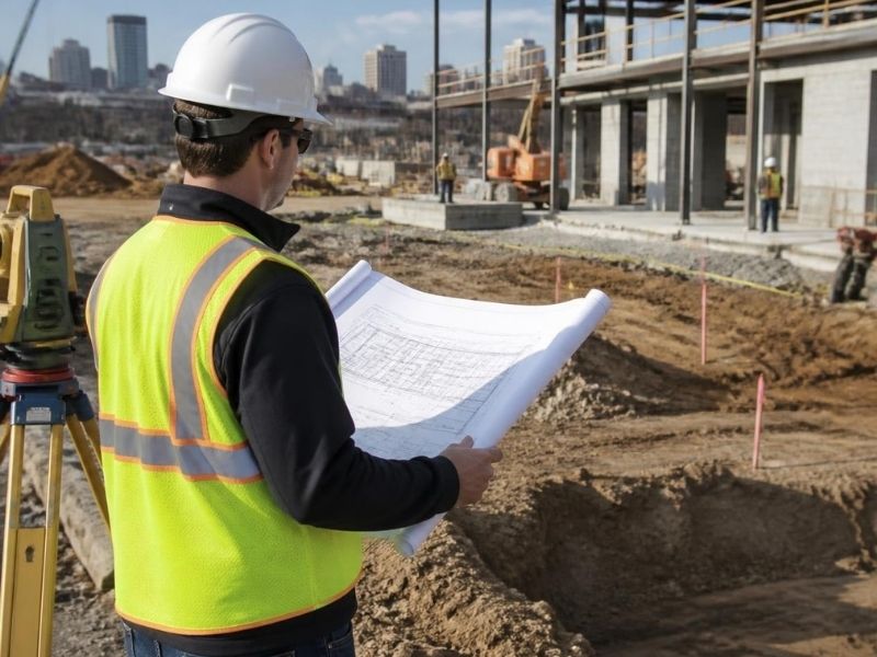 Professional engineer reviewing construction plans at a Raleigh North Carolina job site with building work, survey equipment and permit drawings during project inspection.