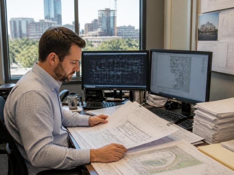 Professional engineer reviewing permit application drawings and construction plans in Raleigh North Carolina office before project submission.