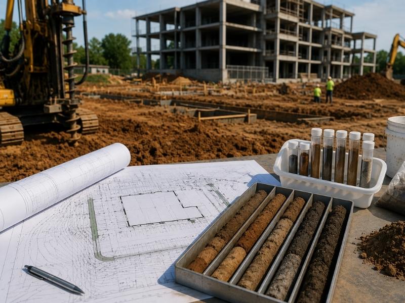 soil testing before major improvements raleigh nc - Raleigh Civil Engineering Geotechnical soil testing with drilling equipment, soil core samples, and site plans supporting commercial development and construction in Raleigh, NC.