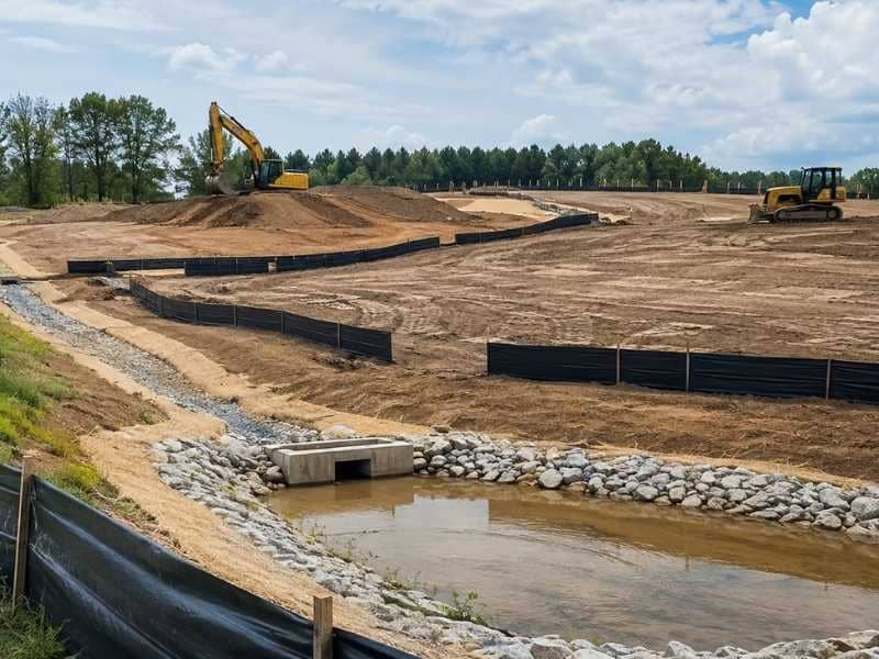 Erosion control plan construction site - Raleigh Civil Engineering Construction site with erosion control measures including silt fencing, drainage channels, and sediment protection during land development in Raleigh NC