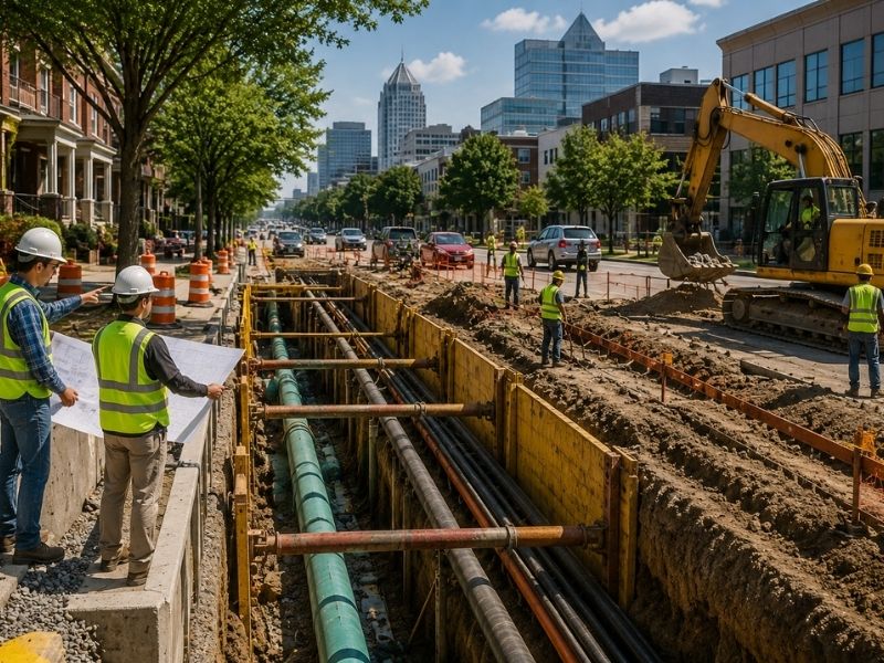 Pipeline engineering near existing development in Raleigh, NC, showing utility installation, trench excavation, and coordinated underground infrastructure work.