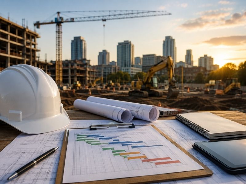Project management planning for a construction project in Raleigh, NC with blueprints, schedules, and active site work to reduce delays.