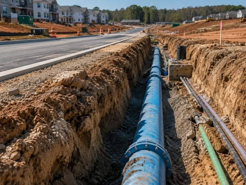 Utility design for a water main extension serving a new development in Raleigh, North Carolina